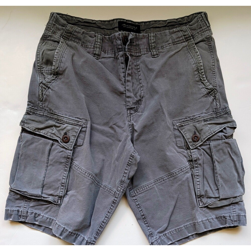 American Eagle Men's Gray Cotton Canvas Cargo Shorts Cargo Pockets Flat Front